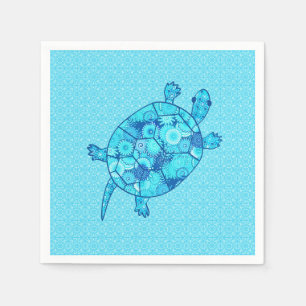 Serviette Jetable Tortue tourbée fractale - cobalt et bleu turquoise