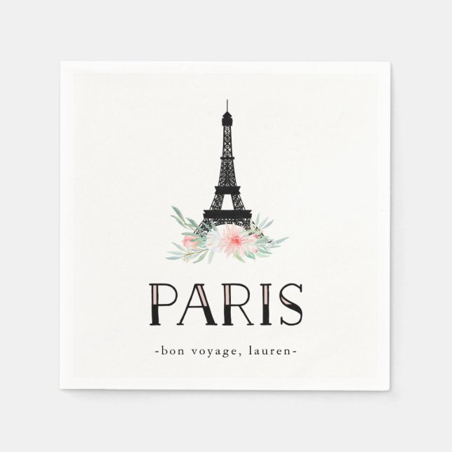 Serviette Jetable Tour Eiffel branchée et Fleurs Roses Rouges | Pari (Devant)