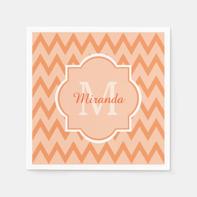 Serviette Jetable Trendy Orange Chevron Zigzag Nom et Monogramme (Devant)