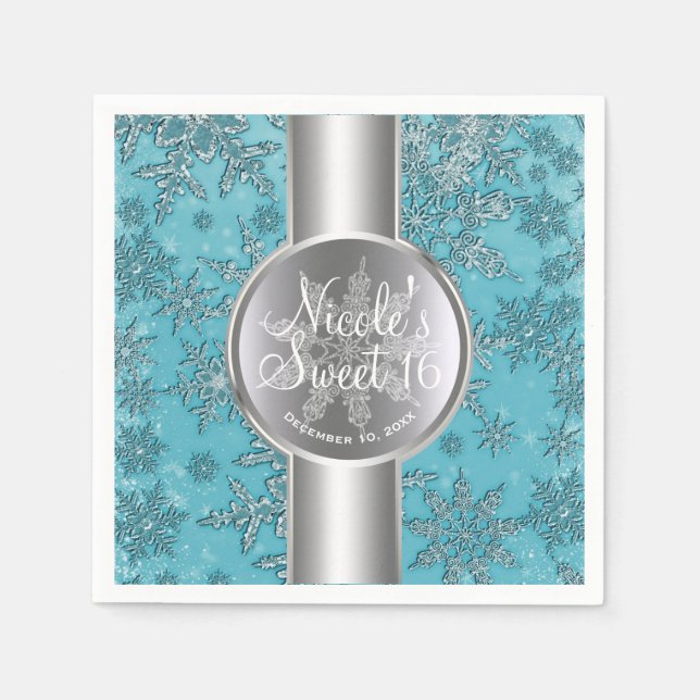 Serviette Jetable Turquoise Aqua Snowflakes Winter Wonderland Party (Devant)