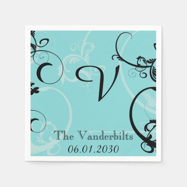 Serviette Jetable Turquoise avec Mariage Monogram Flourish Noir (Devant)
