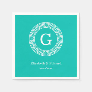 Serviette Jetable Turquoise Blanc Clé grecque Cadre Ronde Monogramme