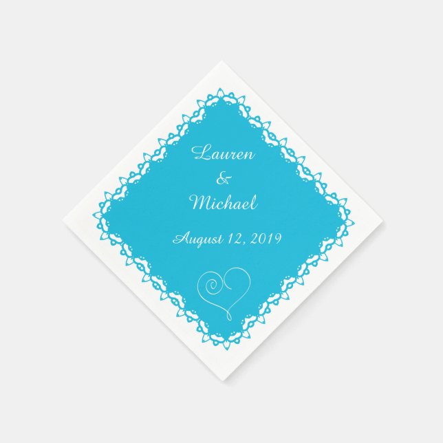 Serviette Jetable Turquoise Blue Doily Heart Personnalisé (Coin)
