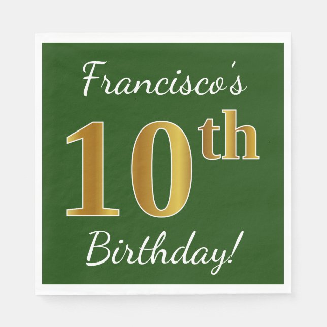 Serviette Jetable Vert, Faux Gold 10e anniversaire + Nom personnalis (Devant)