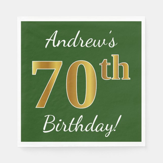 Serviette Jetable Vert, Faux Gold 70e anniversaire + Nom personnalis (Devant)