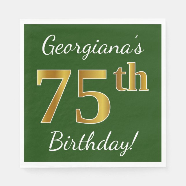 Serviette Jetable Vert, Faux Gold 75e anniversaire + Nom personnalis (Devant)