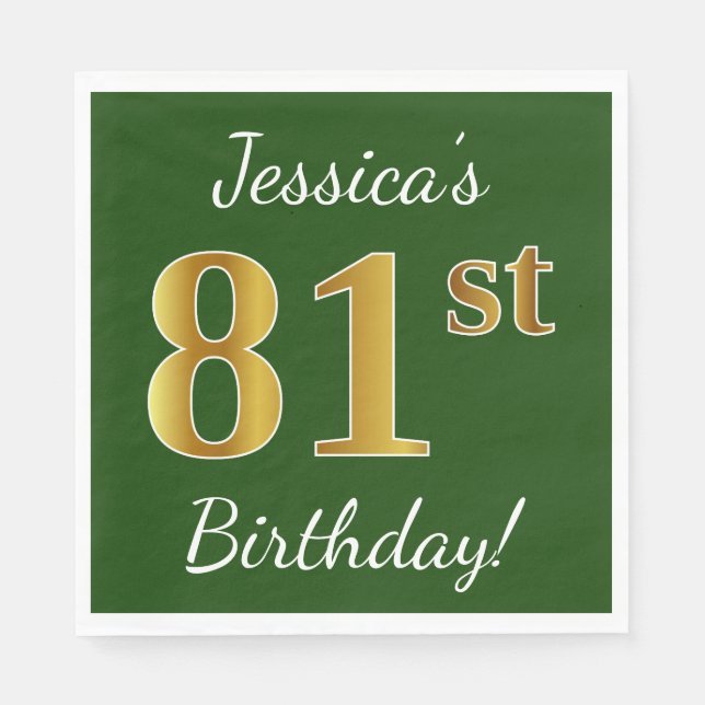 Serviette Jetable Vert, Faux Gold 81e anniversaire + Nom personnalis (Devant)
