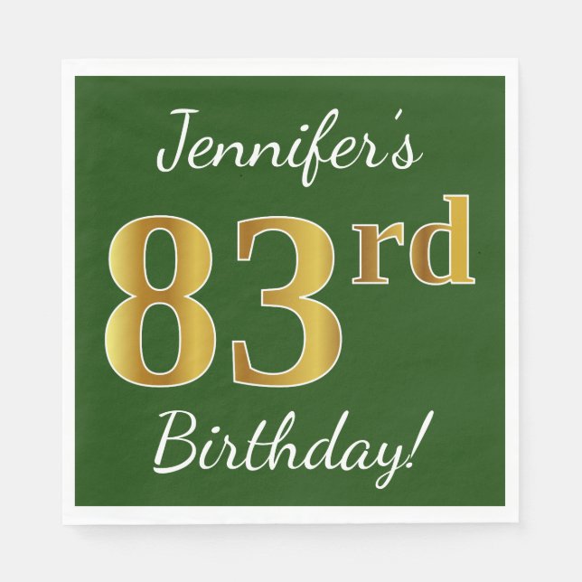 Serviette Jetable Vert, Faux Gold 83ème anniversaire + Nom personnal (Devant)