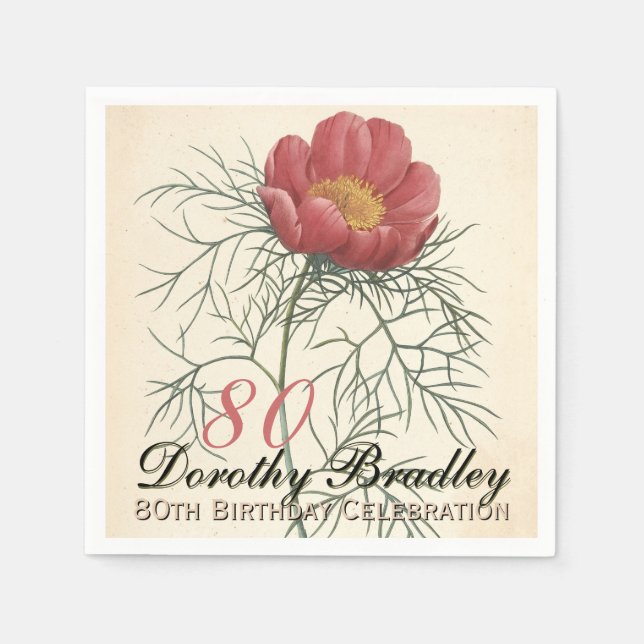 Serviette Jetable Vinatge Botanical Peony 80th Birthday Party PPN (Devant)