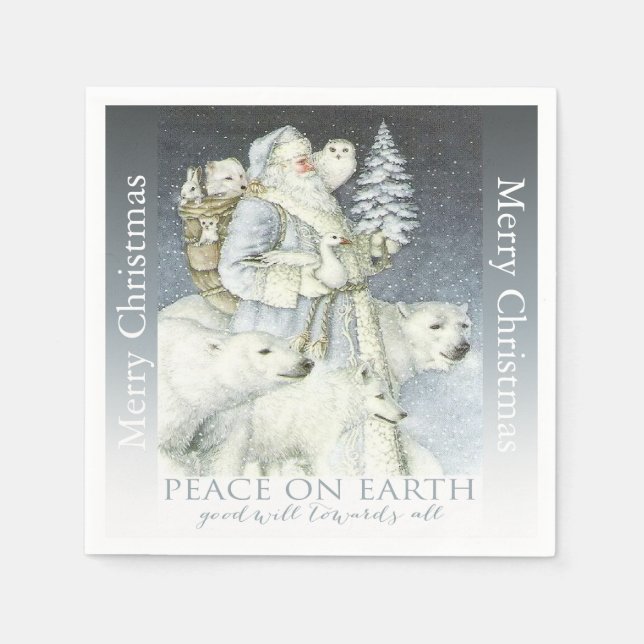 Serviette Jetable Vintage Père Noël Forêt de neige Animaux d'hiver (Devant)