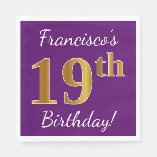 Serviette Jetable Violet, Or Faux 19e Anniversaire + Nom Personnalis