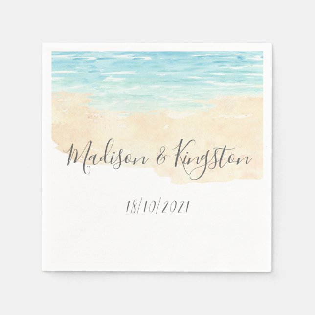 Serviette Jetable Watercolor Blue Beach Wedding Réception (Devant)