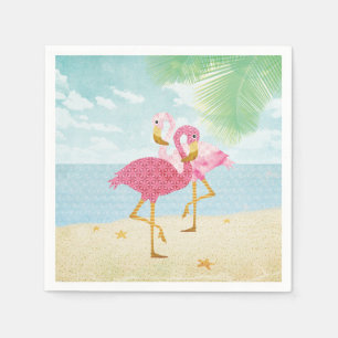 Serviette Jetable Watercolor Pink Flamingos on the Beach