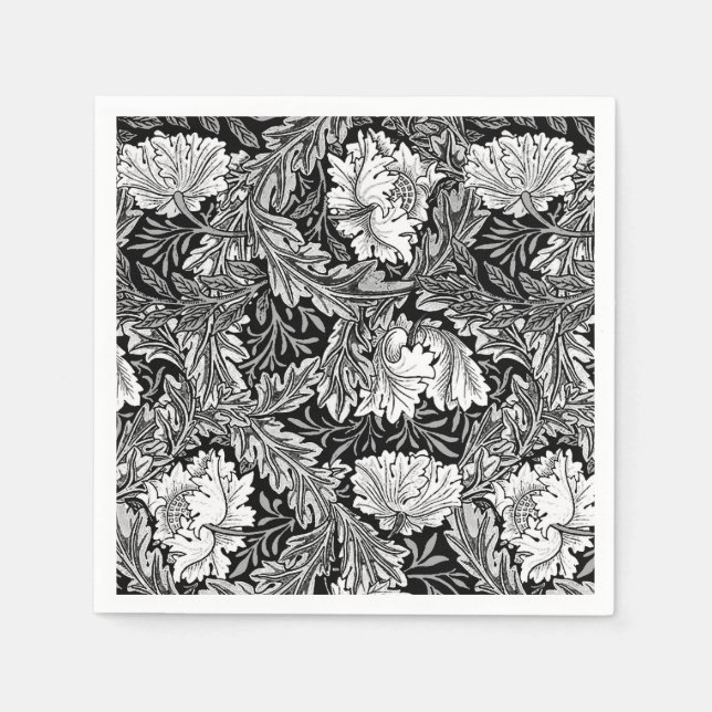 Serviette Jetable William Morris Floral, noir, blanc & gris / gris (Devant)