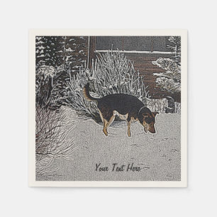 Serviette Jetable Winter snow scene with cute black and tan dog