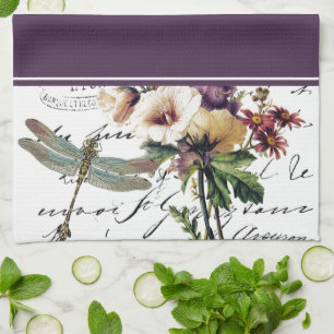 Serviette libellule et fleurs
