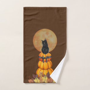 Serviette main citrouille et chat noir