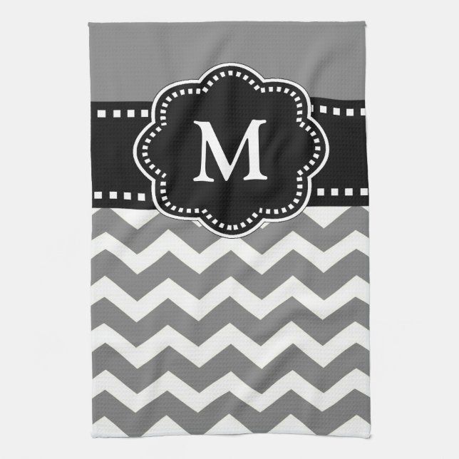 Serviette noire grise de monogramme de Chevron (Vertical)