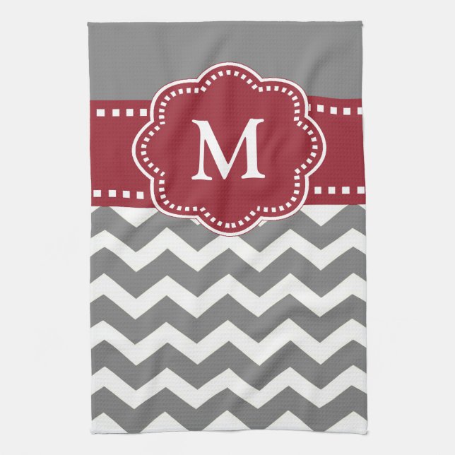 Serviette rouge grise de monogramme de Chevron (Vertical)