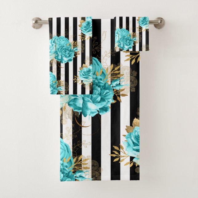 Serviette Set Aqua Blue Floral Black Vert. Rayures (En situation)