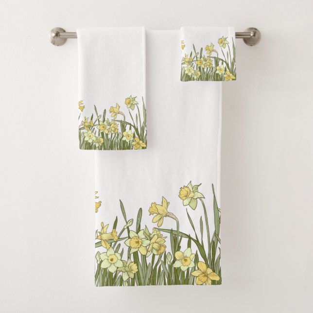 Serviettes de bain fleuries jaune et vert (En situation)
