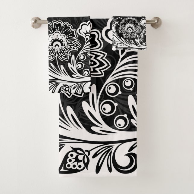 Serviettes de bain Gras Noir Blanc Floral Design (En situation)