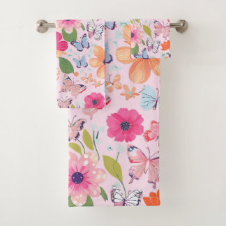 Serviettes de bain Papillons et Fleurs, Rose