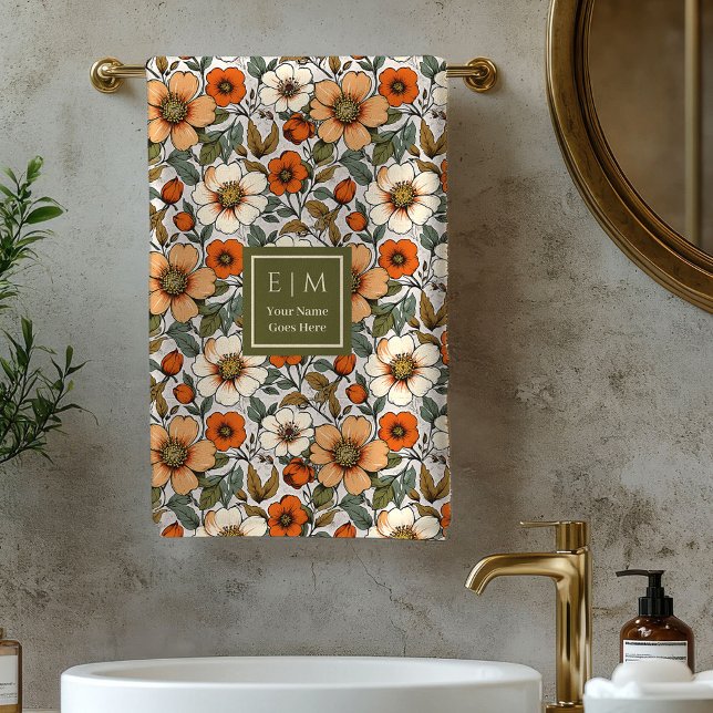 Serviettes de bain Terracotta Rust Fleurs Automne  (Warm Autumn Flowers Terracotta Rust Bath Towel)