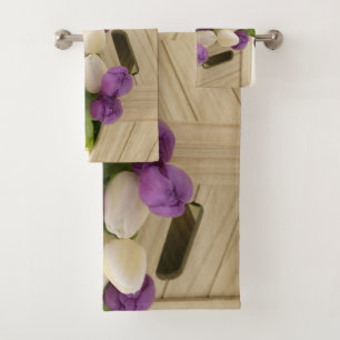 Serviettes de bain tulipes violettes et blanches