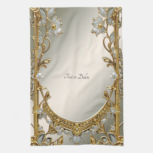 Serviettes De Cuisine Blanche Ornée Or Floral (Vertical)