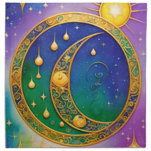 "Serviette en lin rétro boho Soleil Lune Étoiles