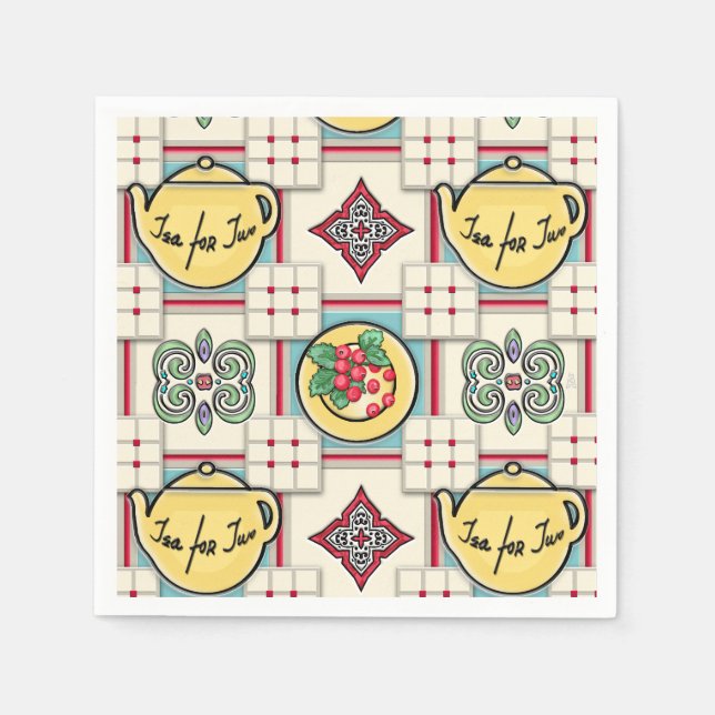 Serviettes En Papier 1940 Motif de cuisine avec théières jaunes (Devant)