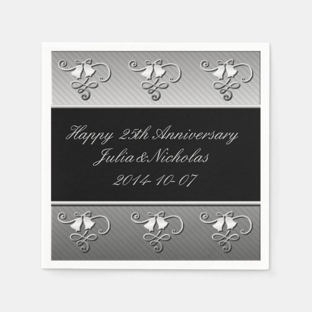 Serviettes En Papier 25e anniversaire Argent et serviettes noires (Devant)