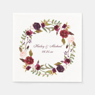 Serviettes En Papier #4 Marsala Burgundy Roses Blanches Feuilles Wreath