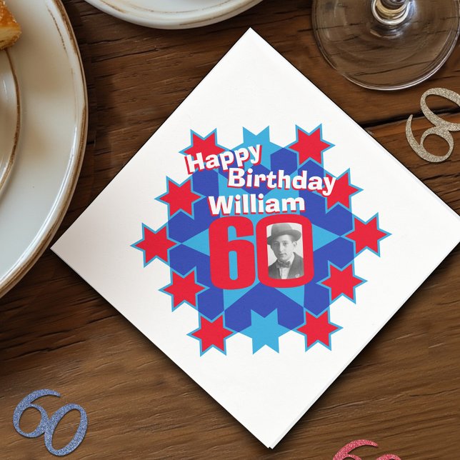 Serviettes En Papier 60e anniversaire photo et nom étoile rouge serviet (Créateur téléchargé)