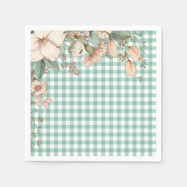 Serviettes en papier à fleurs Gingham vert (Devant)