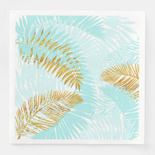 Serviettes En Papier Aloha-Tropical Gold Metal Foil Aqua Palm Feuilles