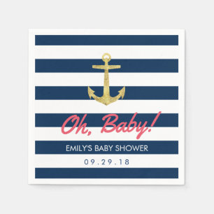 Serviettes En Papier Ancre d'or nautique Baby shower Blue Stripes Marin