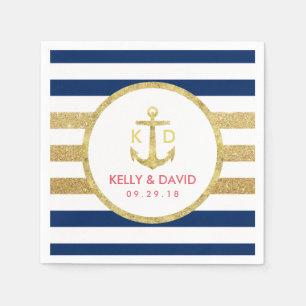 Serviettes En Papier Ancre d'or Stripes modernes Mariage nautique