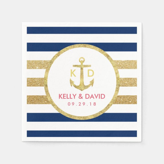 Serviettes En Papier Ancre d'or Stripes modernes Mariage nautique (Devant)