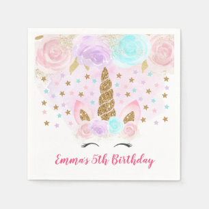 Serviettes En Papier Anniversaire de la licorne rose et or