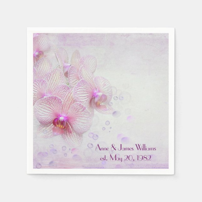 Serviettes En Papier Anniversaire orchidées et bulles roses (Devant)