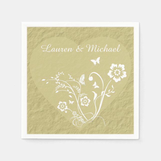 Serviettes En Papier Antique Gold Floral Heart Mariage personnalisé (Devant)