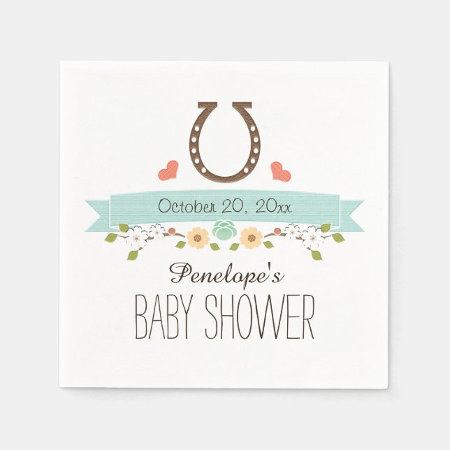 Serviettes En Papier Aqua Blue Horseshoe Western Baby Boy Shower (Devant)