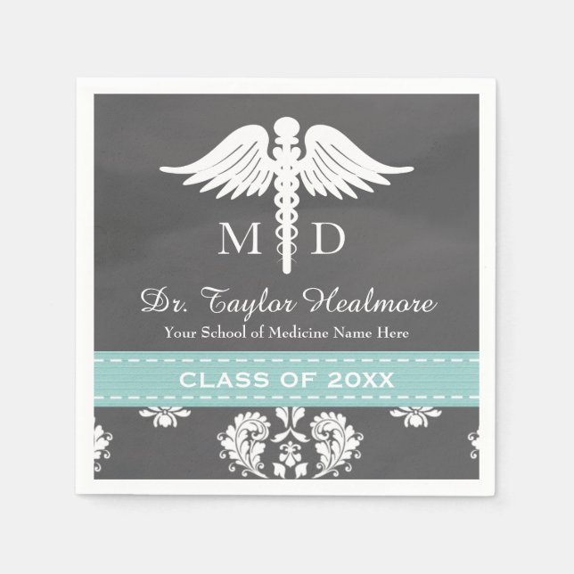 Serviettes En Papier Aqua Chalkboard Caduceus Médicale School Graduatio (Devant)