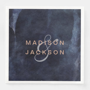Serviettes En Papier Aquarelle bleu marine et Mariage Rose or Monogramm