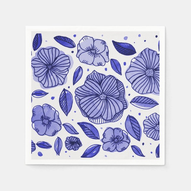 Serviettes En Papier Aquarelle et fleurs d'encre - palette bleue (Devant)