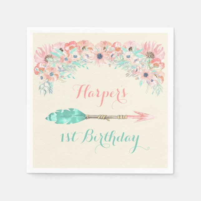 Serviettes En Papier Aquarelle Flèche Plumes Fleurs Peach Mint rose (Devant)