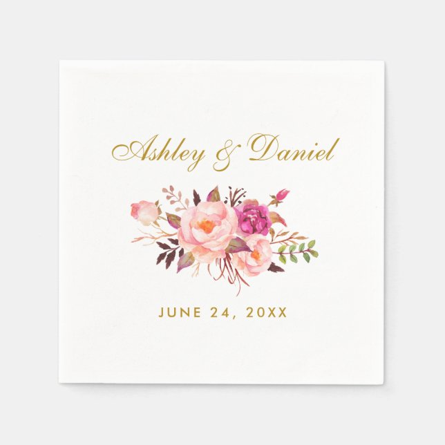 Serviettes En Papier Aquarelle Floral Rose Blush Mariage or (Devant)