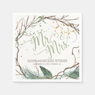 Serviettes En Papier Aquarelle hiver couronne m. mrs script mariage